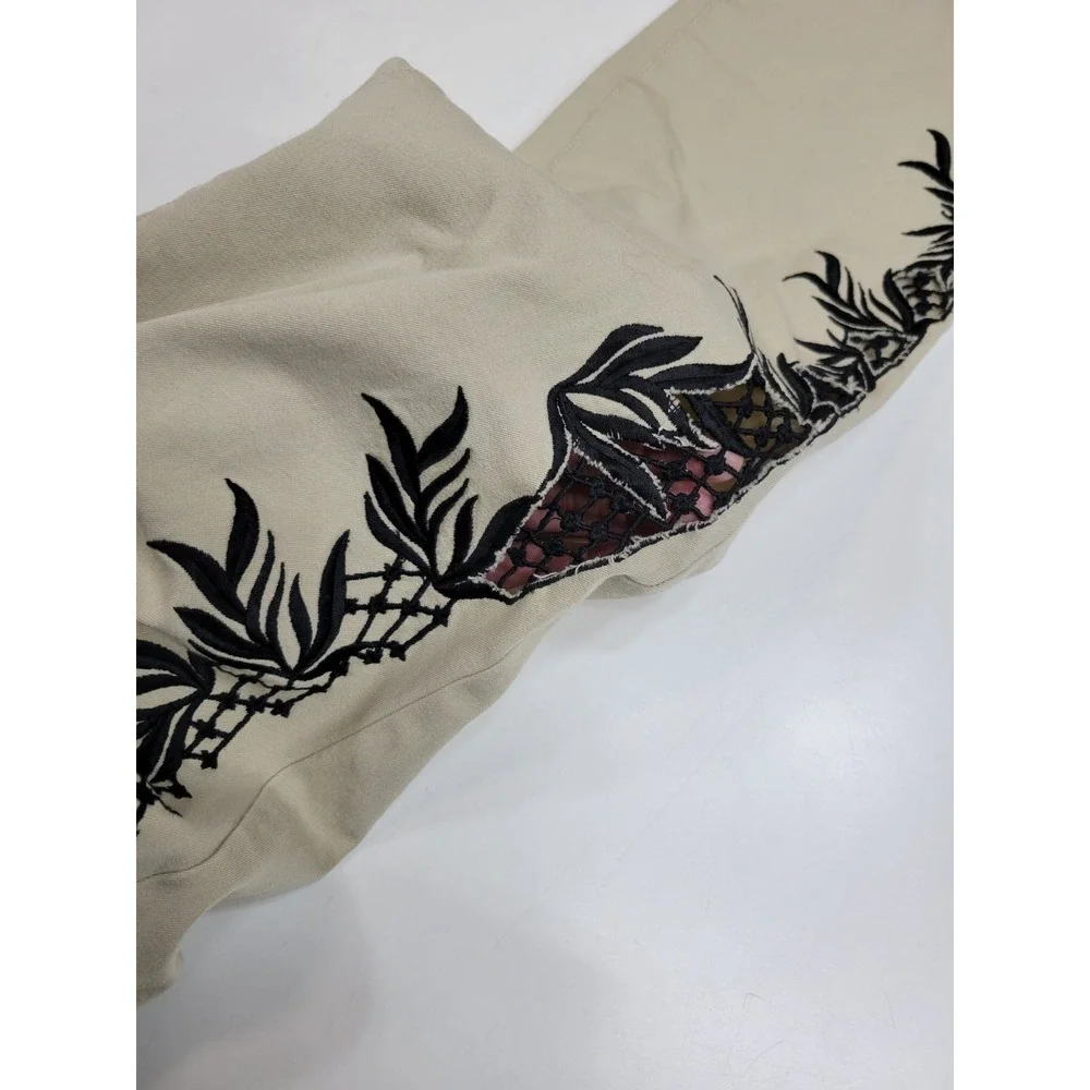 Per Se Women's Embroidered Crop Pants Size 6 Beige Black Floral Mesh Stretch...